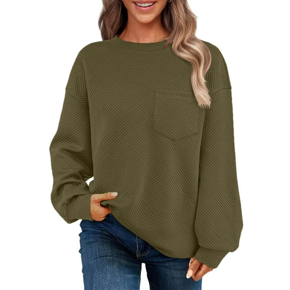 Kaemgyyd Casual Textured Sweatshirt for Women Loose Oversized Crewneck Pullover Fall Long Sleeve Solid Color Tops with Pockets