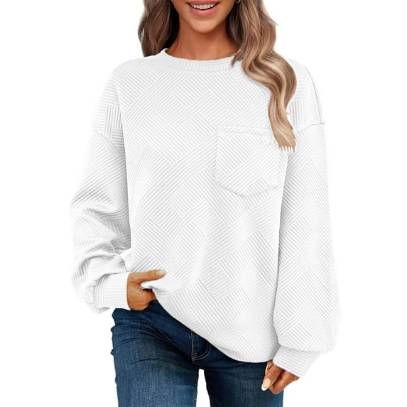 Kaemgyyd Casual Textured Sweatshirt for Women Loose Oversized Crewneck Pullover Fall Long Sleeve Solid Color Tops with Pockets