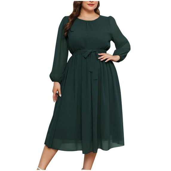 Kaemgyyd Chiffon Dress for Women Plus Size Long Sleeve Crewneck Midi Dress Solid Color Belted A Line Flowy Dress