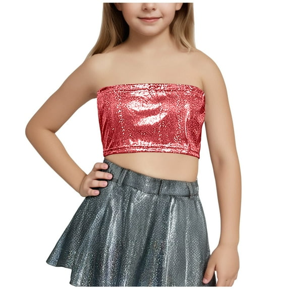 Kaemgyyd Children Girls Sequin Tube Top Sparkle Strapless Stretchy Crop Party Shirt Glitter Sleeveless Clubwear Going out Clothes