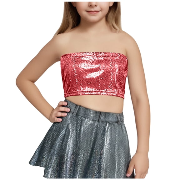 Kaemgyyd Children Girls Sequin Tube Top Sparkle Strapless Stretchy Crop Party Shirt Glitter Sleeveless Clubwear Going out Clothes