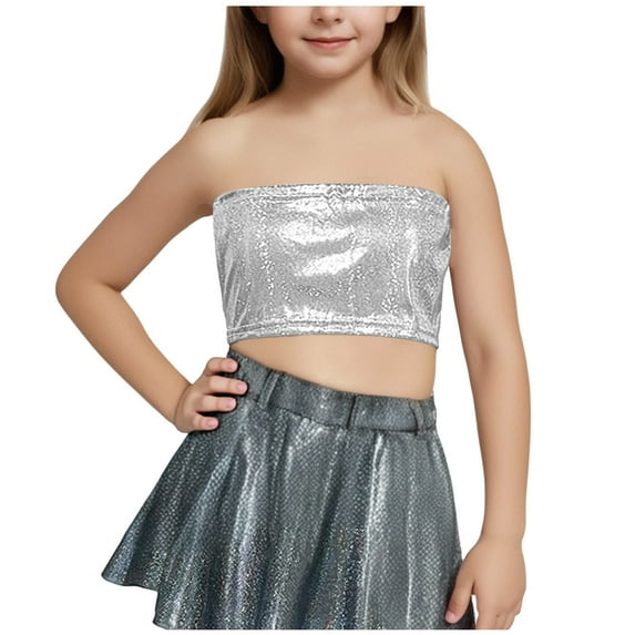 Kaemgyyd Children Girls Sequin Tube Top Sparkle Strapless Stretchy Crop Party Shirt Glitter Sleeveless Clubwear Going out Clothes