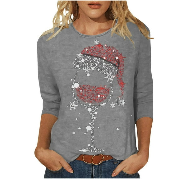 Kaemgyyd Christmas Shirts for Women Soft Cozy Print Pajamas Tee Crew Neck 3/4 Sleeve Casual Trendy Tops