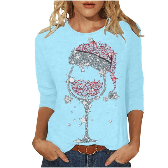 Kaemgyyd Christmas Shirts for Women Soft Cozy Print Pajamas Tee Crew Neck 3/4 Sleeve Casual Trendy Tops