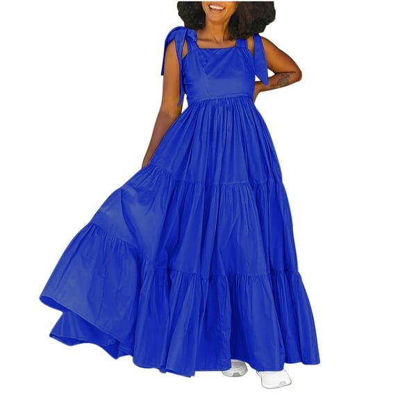 Kaemgyyd Cocktail Dresses for Women Cute Sleeveless Tie Shoulder Tiered Flowy Maxi Dress Loose Ruffle Bridesmaid Evening Dresses