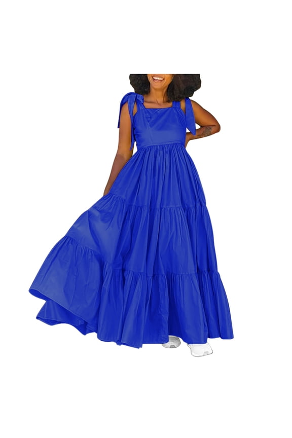 Cocktail Dresses for Women Cute Sleeveless Tie Shoulder Tiered Flowy Maxi Dress Loose Ruffle Bridesmaid Evening Dresses
