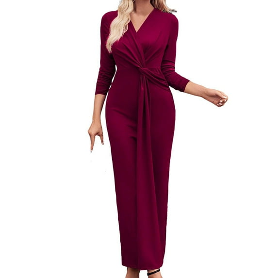 Kaemgyyd Cocktail Dresses for Women Elegant Bodycon Belted Maxi Dresses Long Sleeved V Neck Wear to Work Dress Fall