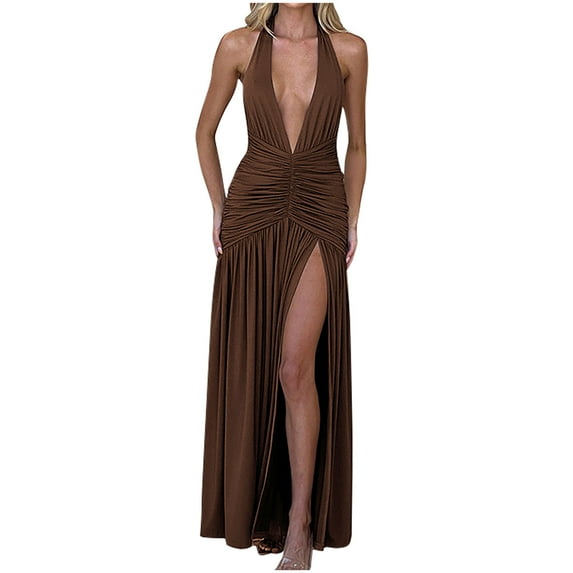 Kaemgyyd Cocktail Dresses for Women Fashion High Slit Backless Halter Party Dress Deep V Neck Ruched Club Maxi Dress