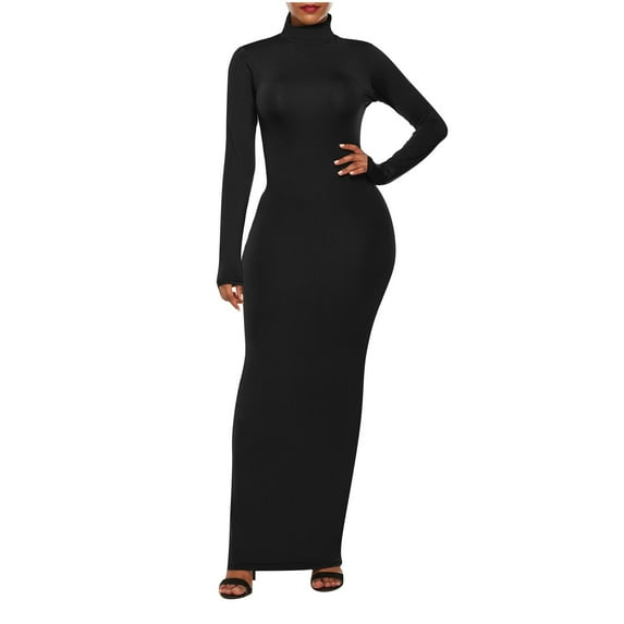 Kaemgyyd Cocktail Dresses for Women Turtleneck Long Sleeve Stretch Maxi Dress Solid Color Slim Bodycon Pencil Dress