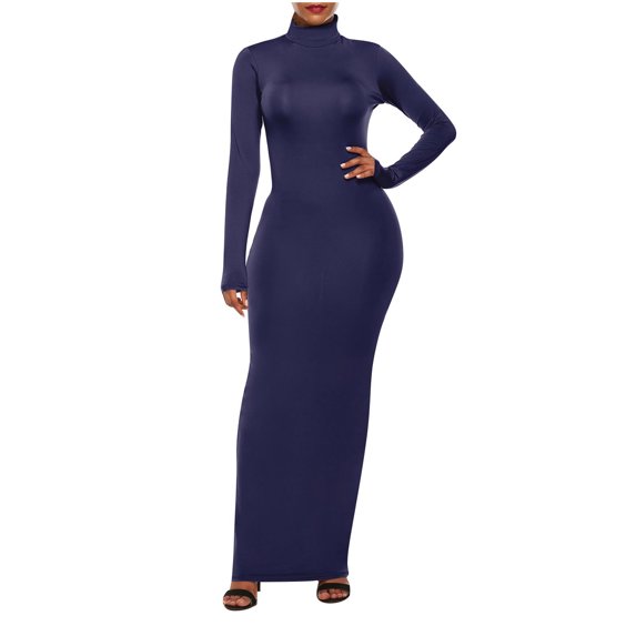 Kaemgyyd Cocktail Dresses for Women Turtleneck Long Sleeve Stretch Maxi Dress Solid Color Slim Bodycon Pencil Dress