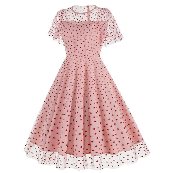 Kaemgyyd Cocktail Dresses for Women Vintage 1950s Short Sleeve Mesh Party Dress A Line Flowy Printing Midi Dress