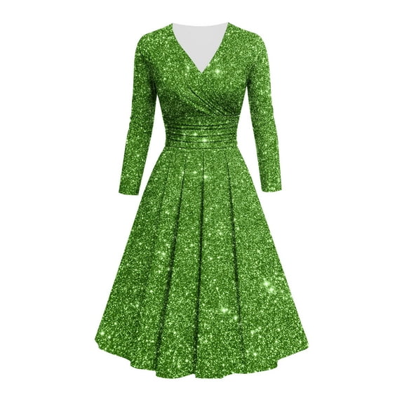 Kaemgyyd Cocktail Dresses for Women Vintage Sparkly Sequin High Waist Midi Dress Fashion V Neck Long Sleeve Glitter Dress