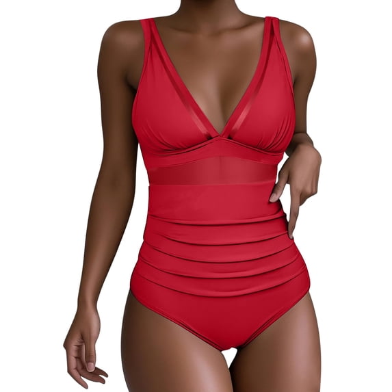 Kaemgyyd Color Block One Piece Swimsuit for Women Ruched Monokini Slimming Bathing Suit Mesh Sporty Beach Swimwear S-2XL