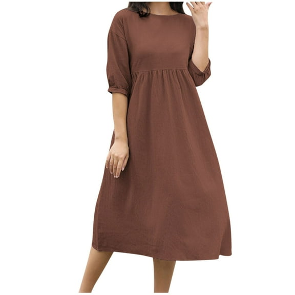 Kaemgyyd Cotton Linen Dress for Womens Elbow-Length Solid Color Basic Fall Dresses Casual Crew Neck Loose Beach Midi Dress