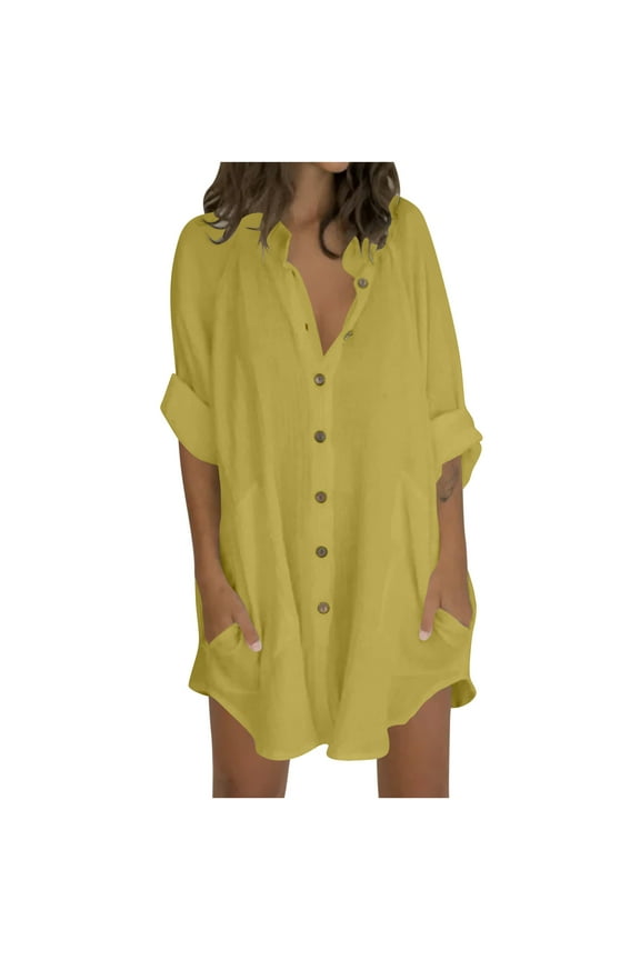 Cotton Linen Shirts for Women Trendy Roll up Long Sleeve Blouse Lightweight Button down Plus Size Tops with Pockets