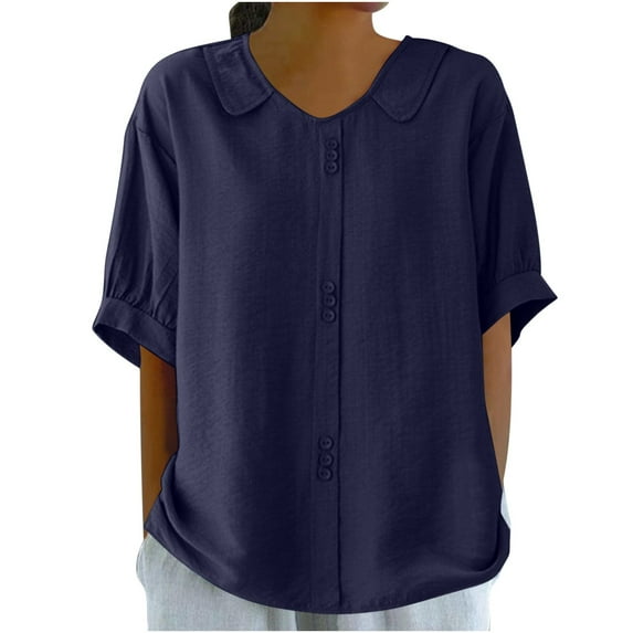 Kaemgyyd Cotton Linen Shirts for Women Crew Neck Half Sleeve Button Tops Loose Vacation Beach Blouses Summer Tops for Women