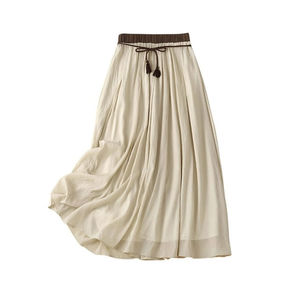 Kaemgyyd Cotton Linen Skirts for Women Bohemian Elastic Waist Casual Flowy Skirt Double Layer Tie up A-Line Loose Skirt