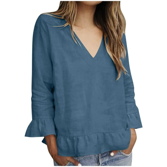 Kaemgyyd Cotton Linen Tops for Women Cute Ruffle Hem 3/4 Sleeve Summer Boho Blouses Loose Fit Casual Beach Tunic Shirts