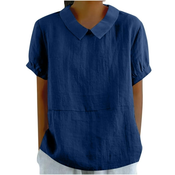 Kaemgyyd Cotton Linen Tops for Women Plus Size Solid Cute Collar Tunic Shirt Summer Lightweight Short Sleeve Loose Blouse