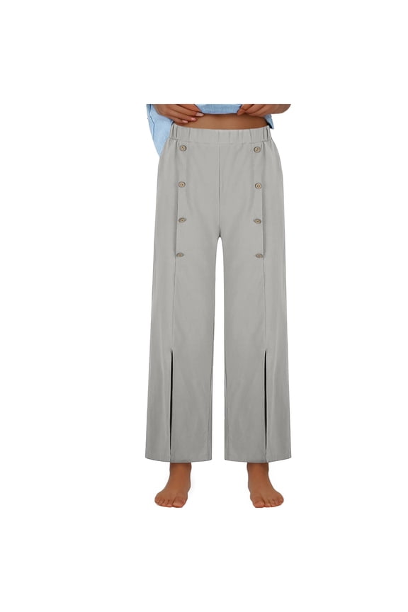 Cotton Pants for Women High Waisted Business Office Trousers Button Decorated Straight Wide Leg Pants