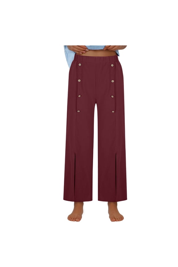 Cotton Pants for Women High Waisted Business Office Trousers Button Decorated Straight Wide Leg Pants