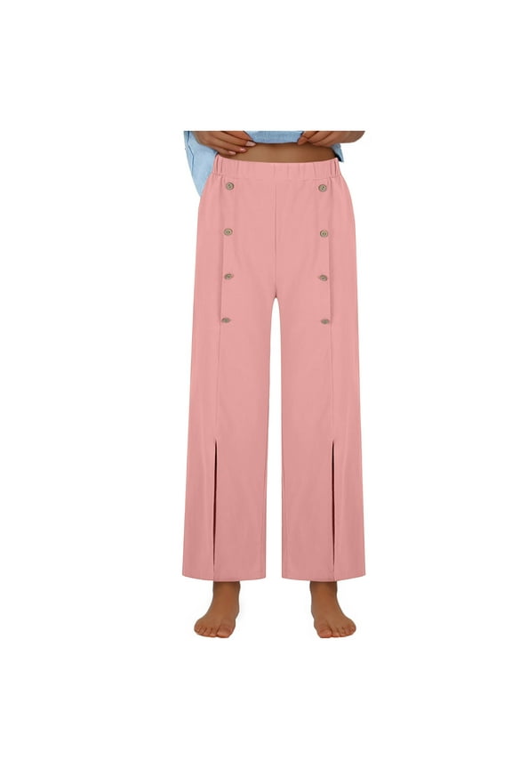 Cotton Pants for Women High Waisted Business Office Trousers Button Decorated Straight Wide Leg Pants