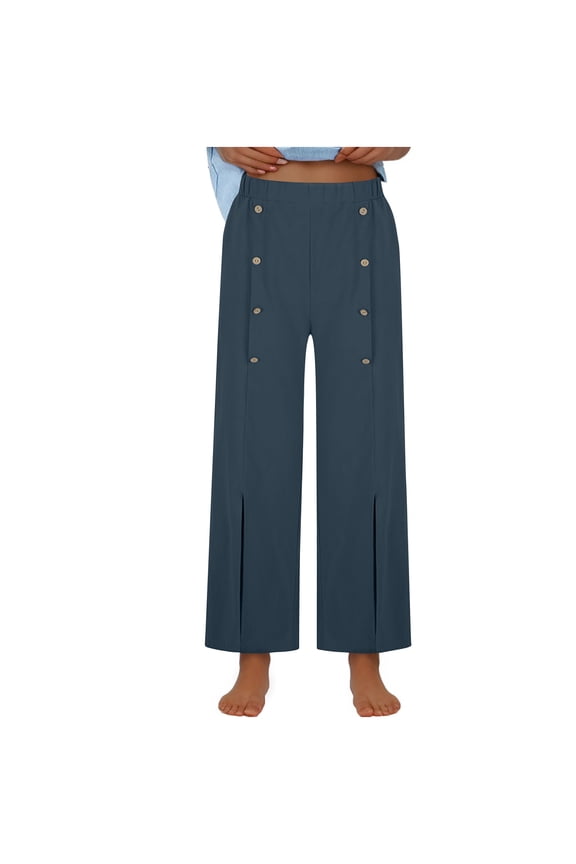 Cotton Pants for Women High Waisted Business Office Trousers Button Decorated Straight Wide Leg Pants