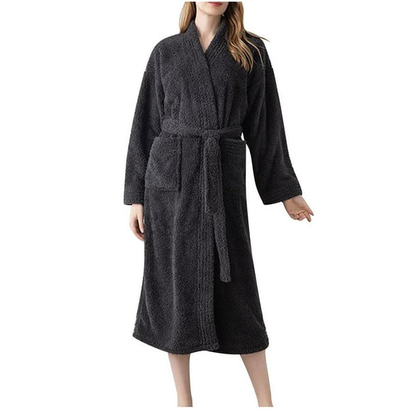 Kaemgyyd Cozy Robe for Women Fuzzy Winter Warm Long Sleeve Midi Bathrobe Fleece Plush Belted Loungewear with Pockets