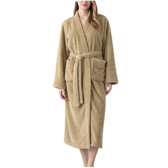 Kaemgyyd Cozy Robe for Women Fuzzy Winter Warm Long Sleeve Midi Bathrobe Fleece Plush Belted Loungewear with Pockets