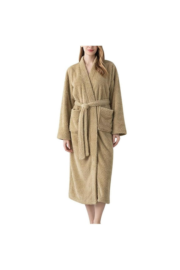 Cozy Robe for Women Fuzzy Winter Warm Long Sleeve Midi Bathrobe Fleece Plush Belted Loungewear with Pockets