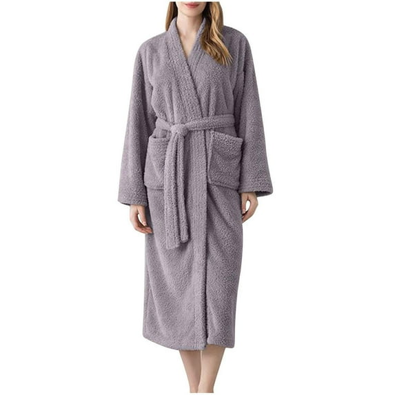 Kaemgyyd Cozy Robe for Women Fuzzy Winter Warm Long Sleeve Midi Bathrobe Fleece Plush Belted Loungewear with Pockets