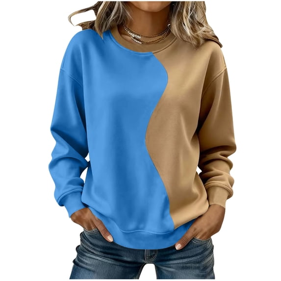 Kaemgyyd Crew Neck Sweatshirts Women Long Sleeve Color Block Pullover Fall Fashion Oversize Tops Loose Fits Casual Clothes