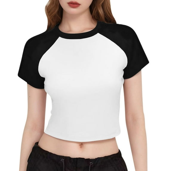 Kaemgyyd Crop Tops for Women Colorblock Crew Neck Slim Fitted T Shirts Casual Short Sleeve Going out Tops Streetwear