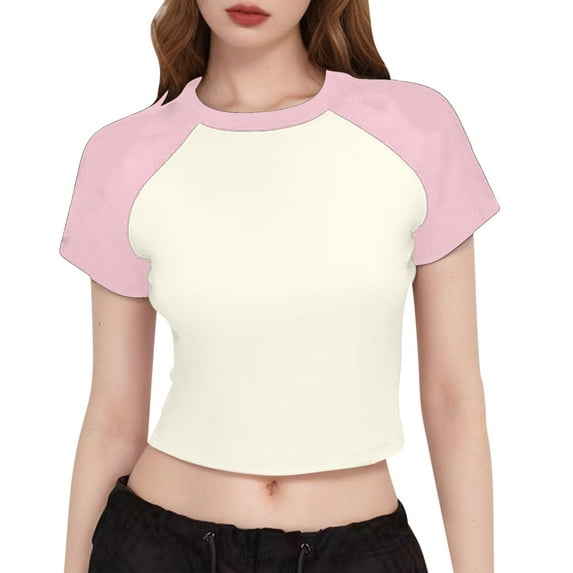 Kaemgyyd Crop Tops for Women Colorblock Crew Neck Slim Fitted T Shirts Casual Short Sleeve Going out Tops Streetwear