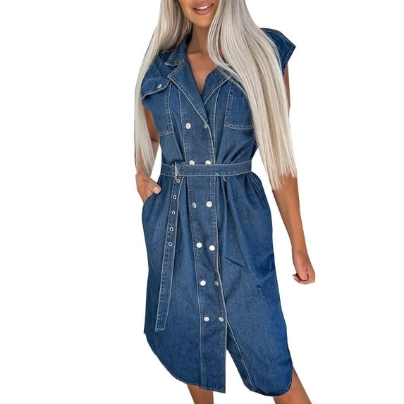 Kaemgyyd Denim Dress for Women with Pockets Sleeveless Button down Jean Shirt Dresses V Neck Trendy Casual Belted Midi Dress