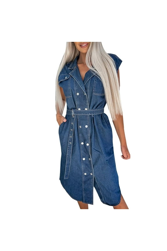 Denim Dress for Women with Pockets Sleeveless Button down Jean Shirt Dresses V Neck Trendy Casual Belted Midi Dress