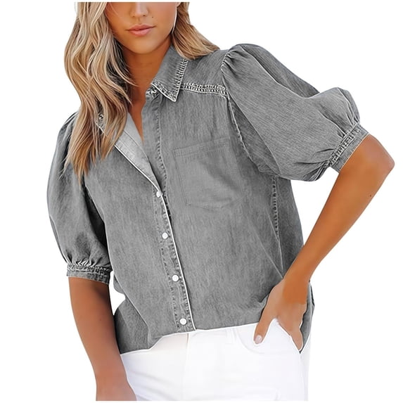 Kaemgyyd Denim Shirt Women Jean Look Half Sleeve Light Jacket Fall Button down Tunic Blouse Summer Tops