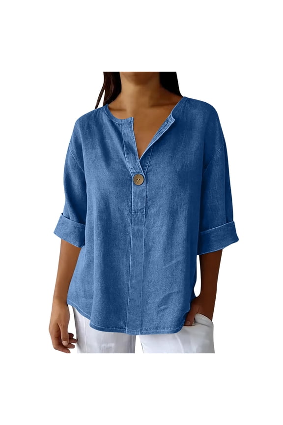 Denim Shirts for Women Chambray Jean Western Womens Tops Trendy Half Sleeve Work Blouses Loose Fit Button Tee Shirt