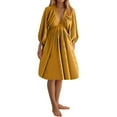 thumbnail image 1 of Kaemgyyd Dress for Women A-Line Ruched Flowy Dress Cute 3/4 Sleeve V-Neck Solid Color Midi Beach Dress 2025 Fall, 1 of 4