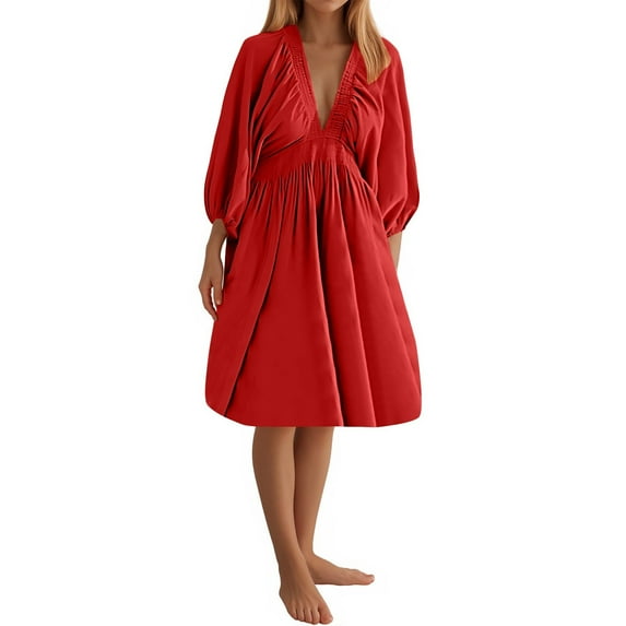 Kaemgyyd Dress for Women A-Line Ruched Flowy Dress Cute 3/4 Sleeve V-Neck Solid Color Midi Beach Dress Fall