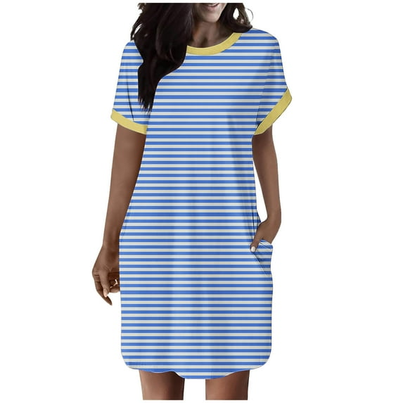 Kaemgyyd Dress for Women Casual Loose Crew Neck T Shirt Dress Soft Stripe Printing Short Sleeve Mini Tunic Dresses with Pockets