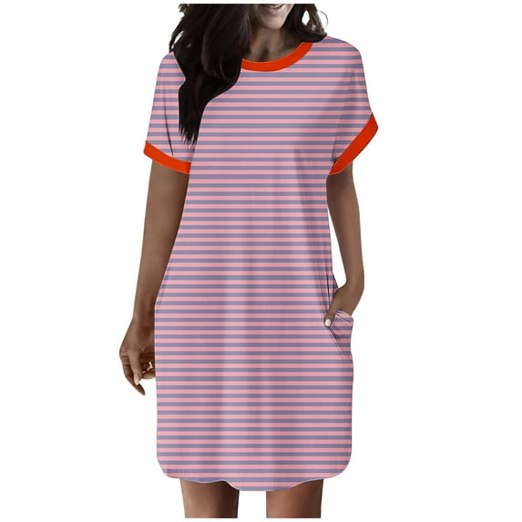 Kaemgyyd Dress for Women Casual Loose Crew Neck T Shirt Dress Soft Stripe Printing Short Sleeve Mini Tunic Dresses with Pockets