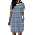 thumbnail image 1 of Kaemgyyd Dress for Women Casual Loose Crew Neck T Shirt Dress Soft Stripe Printing Short Sleeve Mini Tunic Dresses with Pockets, 1 of 6