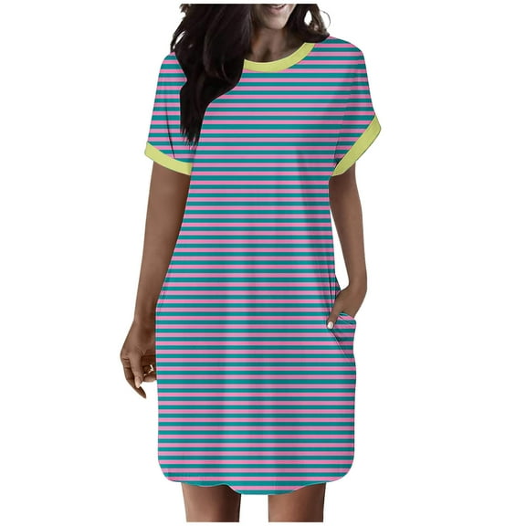 Kaemgyyd Dress for Women Casual Loose Crew Neck T Shirt Dress Soft Stripe Printing Short Sleeve Mini Tunic Dresses with Pockets