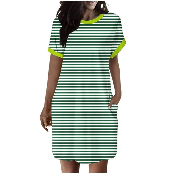 Kaemgyyd Dress for Women Casual Loose Crew Neck T Shirt Dress Soft Stripe Printing Short Sleeve Mini Tunic Dresses with Pockets