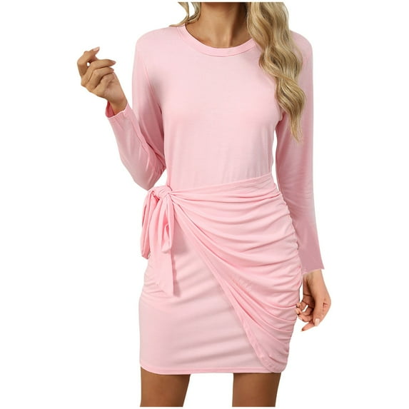 Kaemgyyd Dress for Women Casual Ruched Bodycon Mini Dress Long Sleeve Crew Neck Solid Tie Waist Short Dresses