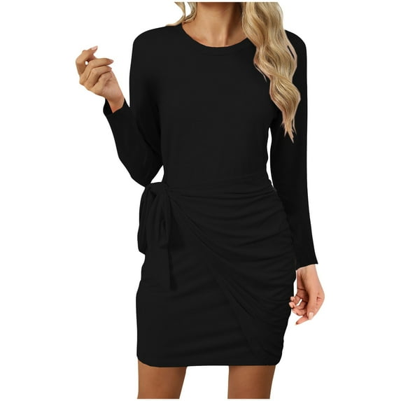 Kaemgyyd Dress for Women Casual Ruched Bodycon Mini Dress Long Sleeve Crew Neck Solid Tie Waist Short Dresses