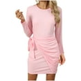 thumbnail image 1 of Kaemgyyd Dress for Women Casual Ruched Bodycon Mini Dress Long Sleeve Crew Neck Solid Tie Waist Short Dresses, 1 of 7
