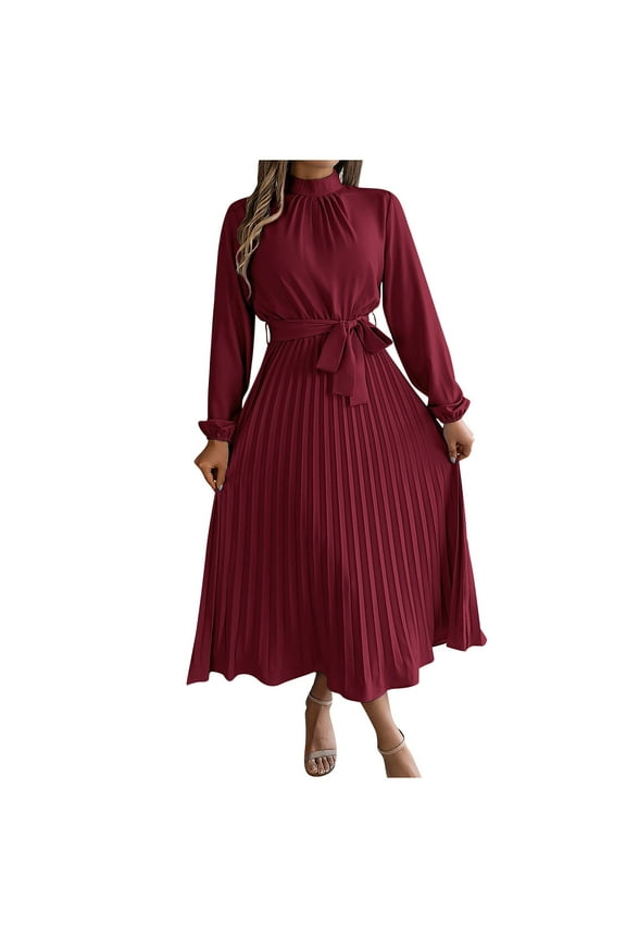 Dress for Women Long Sleeve Mock Neck Flowy Pleated Dress with Belt Fall Work Office Formal Midi Dress