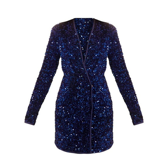 Kaemgyyd Dress for Women Sequin Velvet Wrap V Neck Mini Bodycon Dress Elegant Long Sleeve Party Club Cocktail Dresses